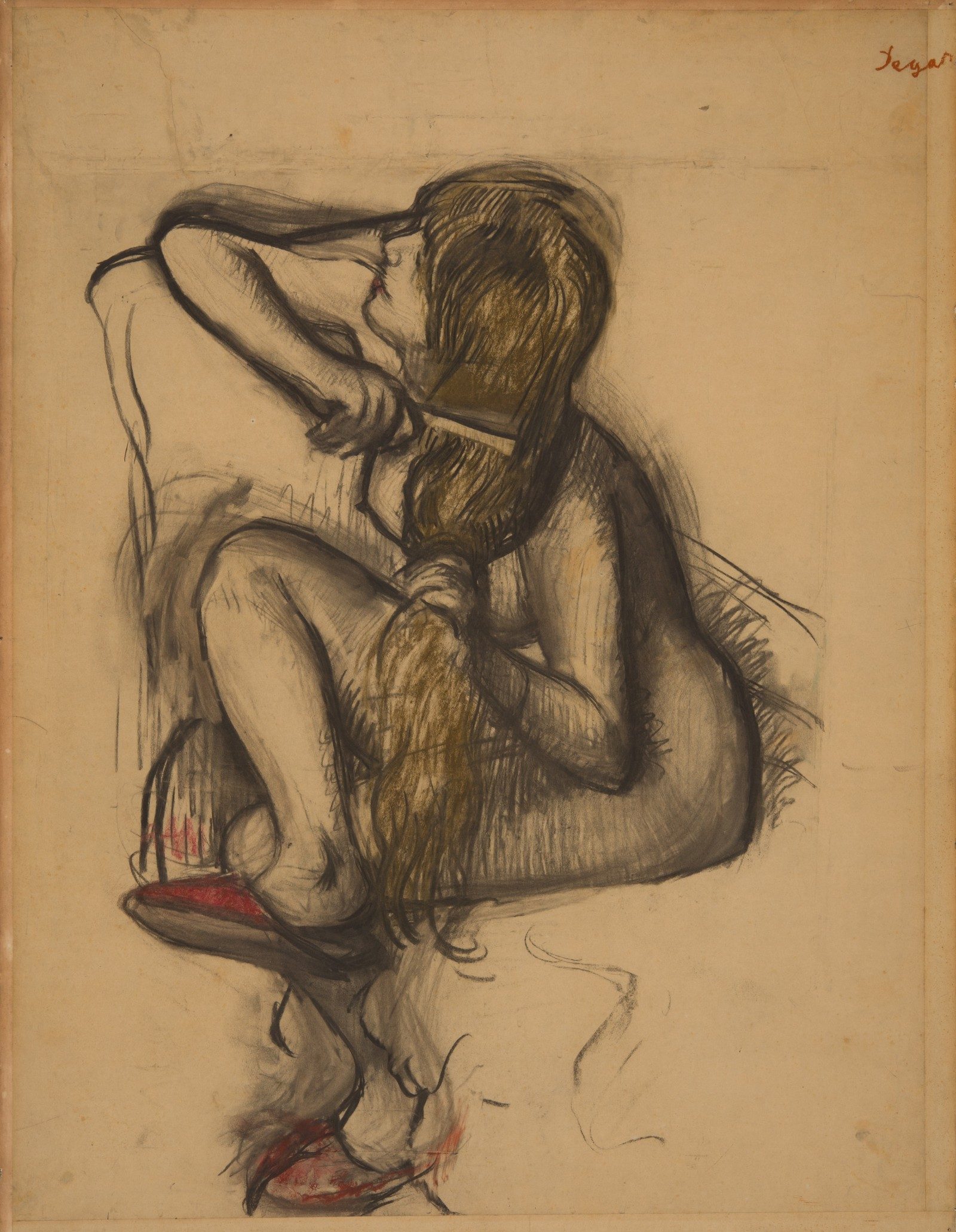 Charcoal drawing of a nude woman combing her long hair, wearing red shoes.