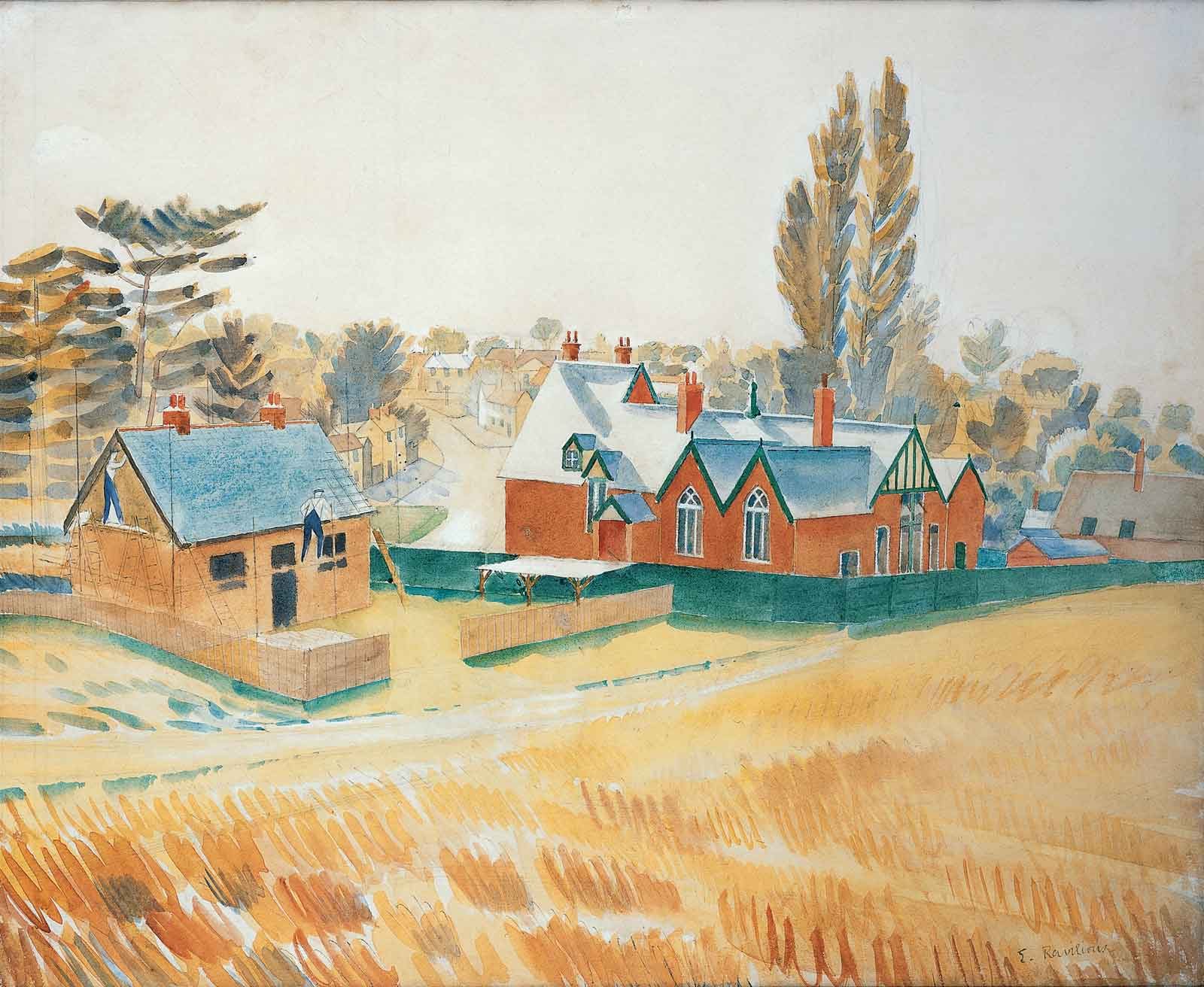 Painting showing a red brick building next to a tan coloured bungalow surrounded by fields of wheat