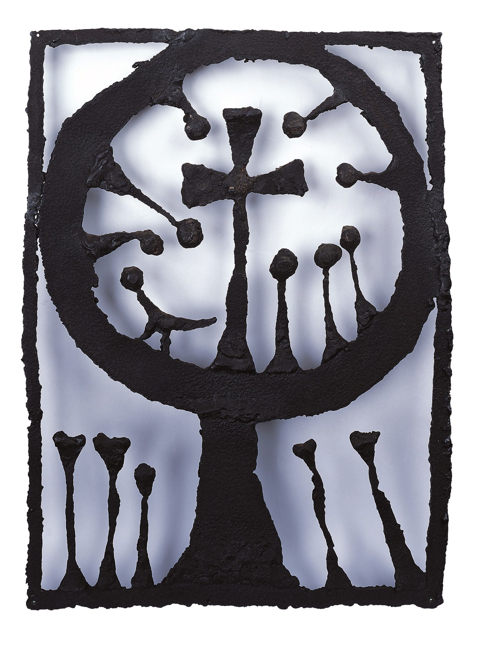 Abstract form of tree within a rectangular frame, a cross at the centre.