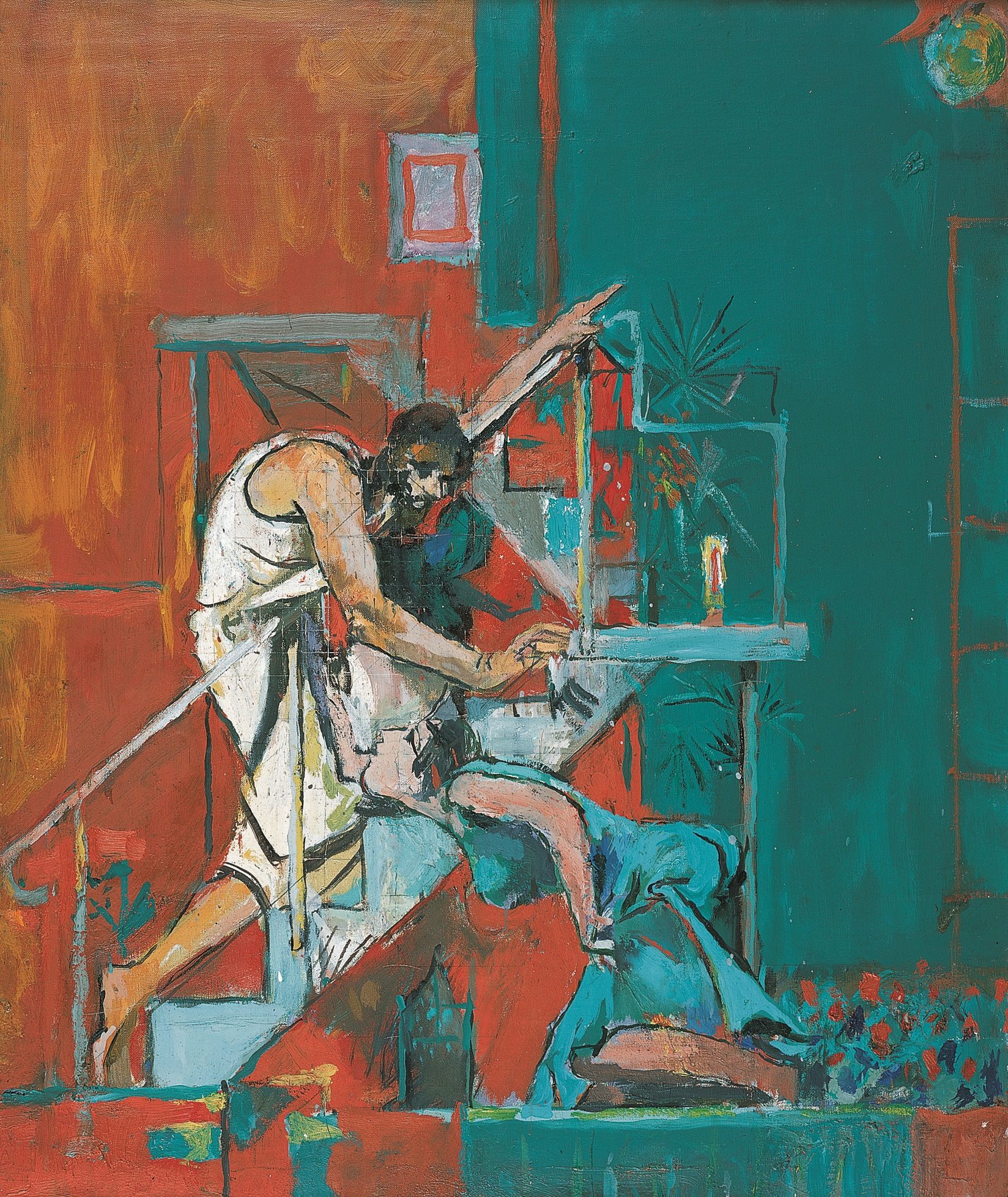 Painting showing a white robed Christ walking up a set of stairs and pointing upwards while a blue-robed woman kneels below him. The background is red and green.