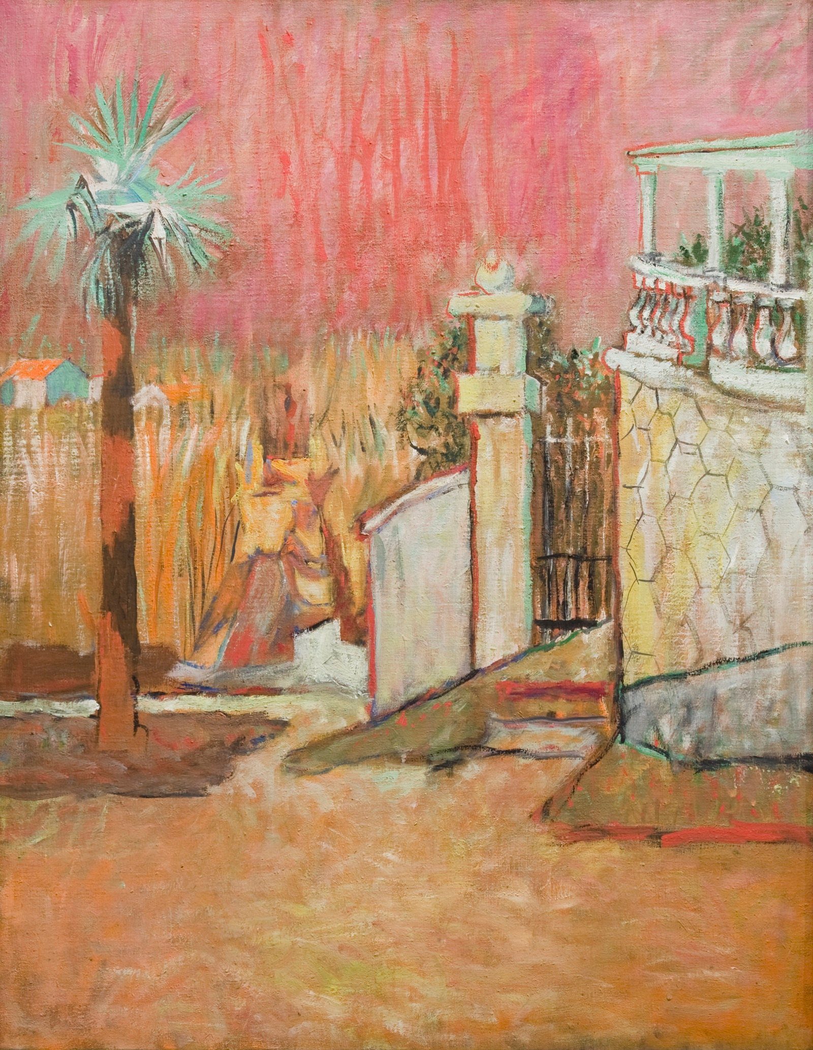 A town scene in shades of red and orange with a single palm tree to the left and white stone walls and entranceway to a house to the right.