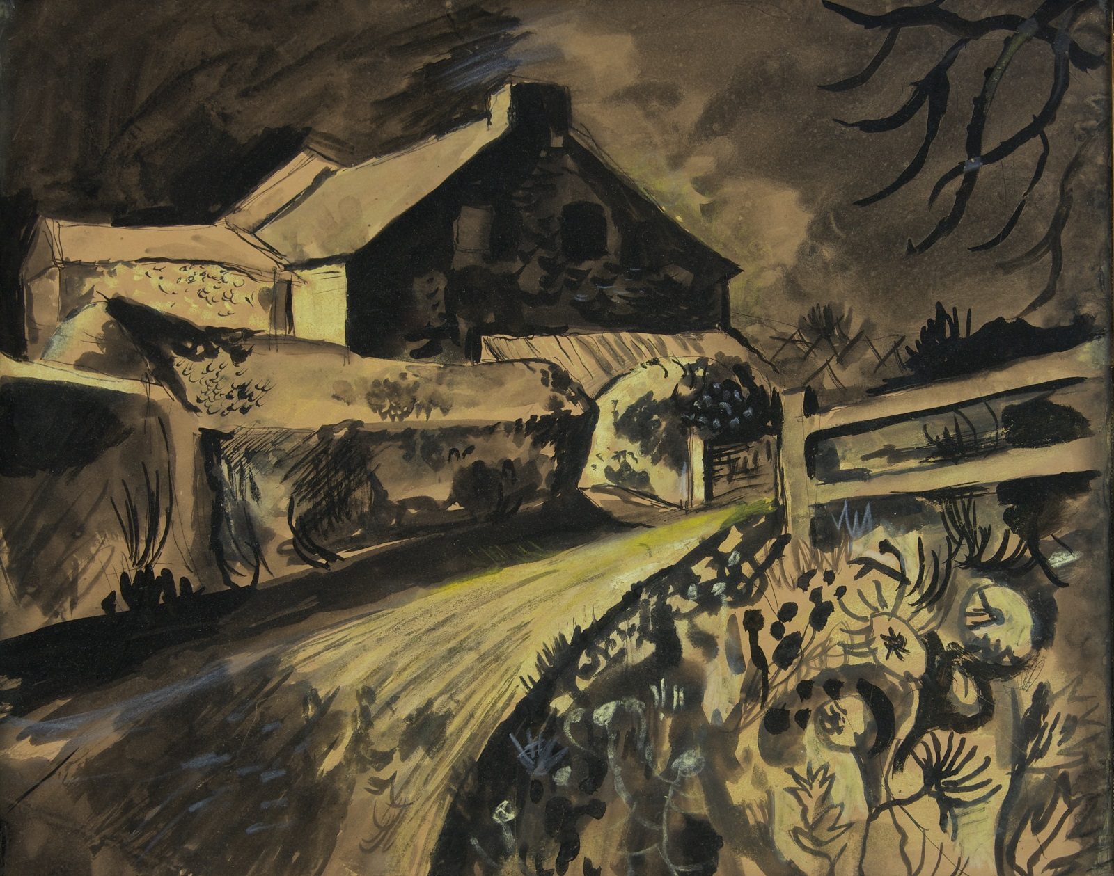 A view of a brick building from across a country lane in shades of brown, yellow and black