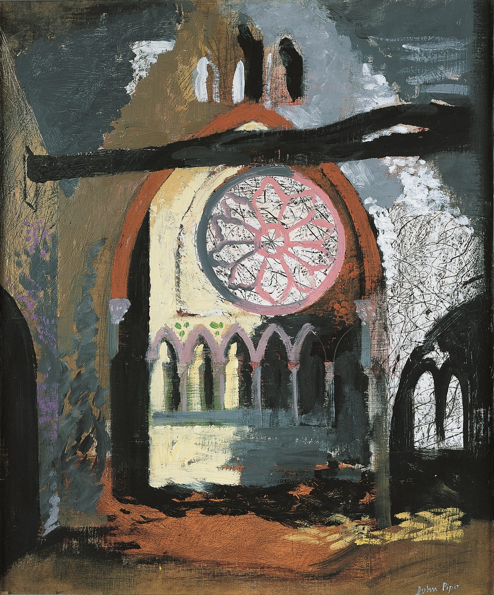 Painting showing the interior of a bomb blasted church with an intact stained glass window
