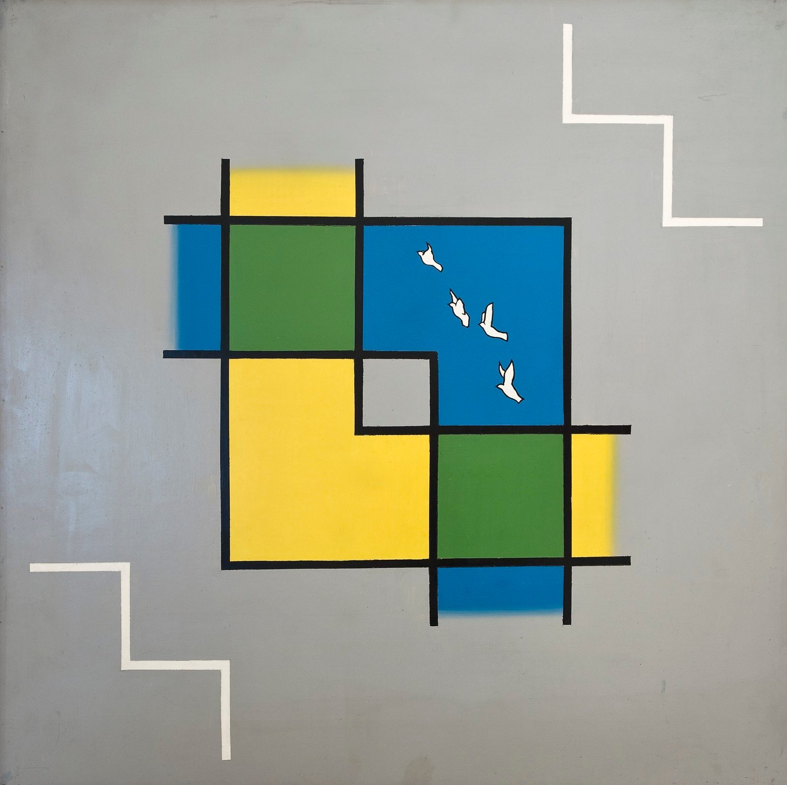 Two intersecting L shapes in blue and yellow, with four white birds outlined mid-flight against the blue. Where the shapes intersect, the colour turns green. Against a grey background.