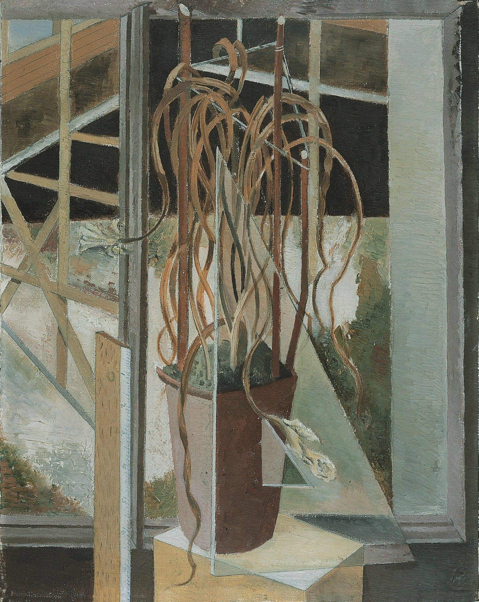 Painting of a brwon pot with a tall brown dead plant in front of an open window