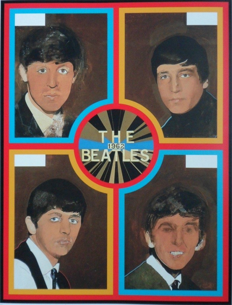 Picture divided into four, each corner with a portrait of one of the Beatles. Circle at centre with the legend 