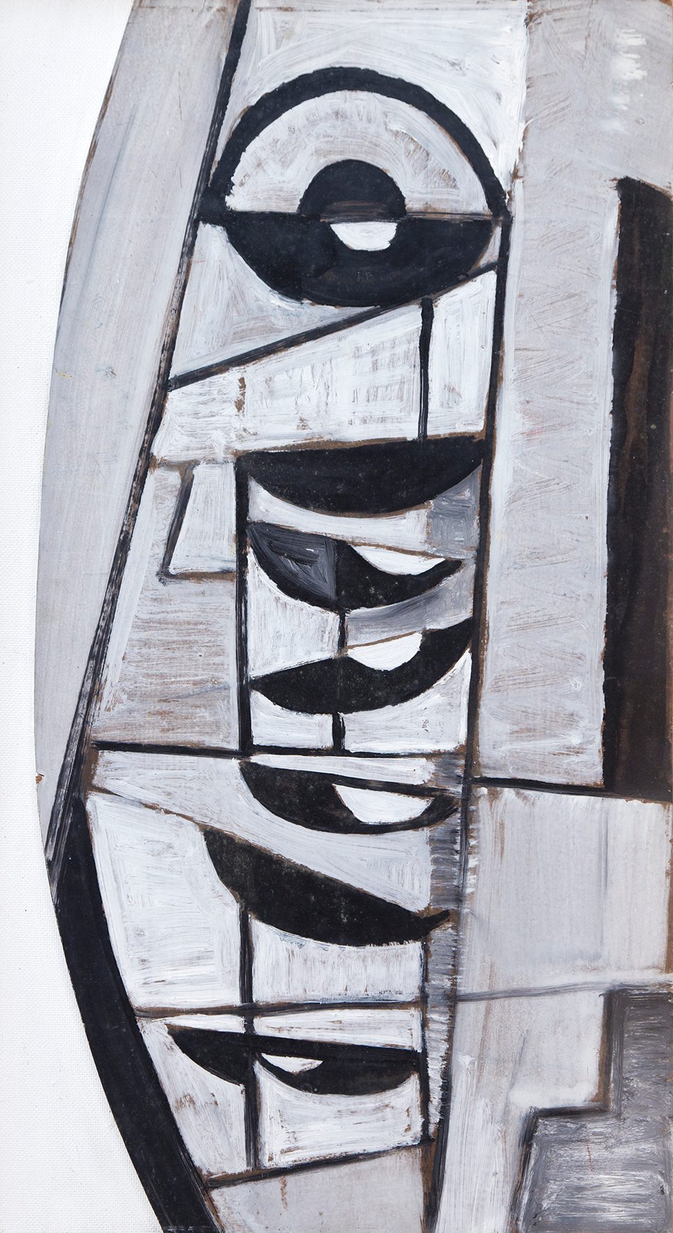 Abstract black and white painting with rectangular and semi-circle shapes.